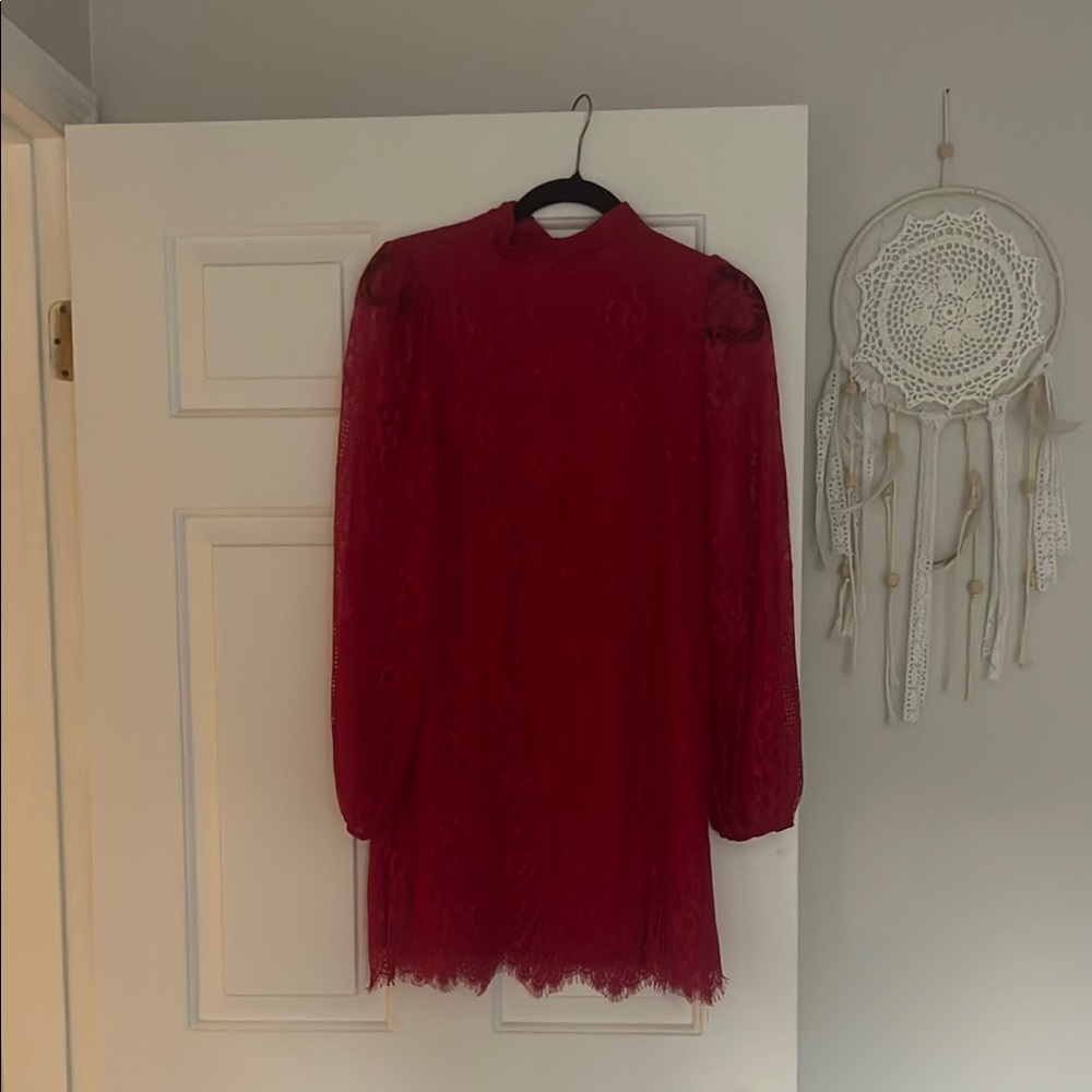 Maeve Red Sheath Dress with Bishop Sleeves and Mock Neck